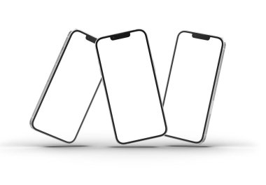PARIS - Fransa - 15 Mart 2023: Yeni çıkan Apple Smartphone Iphone 14 profesyonel gerçekçi 3D görüntüleme - gümüş renkli ön ekran modeli - koyu arkaplanda yüzen üç modern akıllı telefon