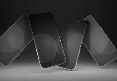 PARIS - Fransa - 15 Mart 2023: Yeni çıkan Apple Smartphone Iphone 14 profesyonel gerçekçi 3D görüntüleme - Gümüş renkli ön ekran modeli - Siyah arkaplanda yüzen dört modern akıllı telefon