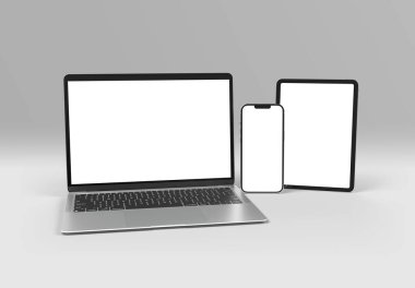 PARIS - Fransa - 1 Eylül 2023: Apple Macbook Air, Iphone 14, Ipad Pro, Silver color. Yan görüş. Beyaz arkaplanda 3D dizüstü bilgisayar görüntüleme