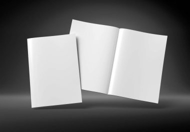 Dergi kapağı ve siyah arka planda açık dergi modeli. Boş broşür şürü. 3B görüntüleme