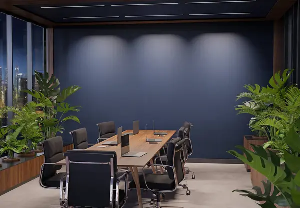 Empty Blue Office Wall Mockup Night Modern Wooden Furnitures Tropical — Stock Photo, Image