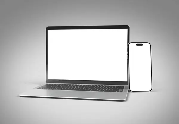 2024年2月27日 新发布Apple Macbook Air和Iphone Silver Color 侧视图 3D在灰色背景下渲染笔记本电脑模型 图库图片