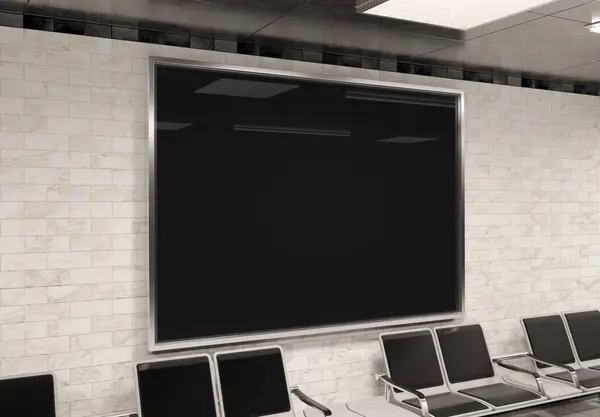 地铁地下壁炉架上的水平A4广告牌 火车站墙壁3D渲染中的囤积广告 图库照片