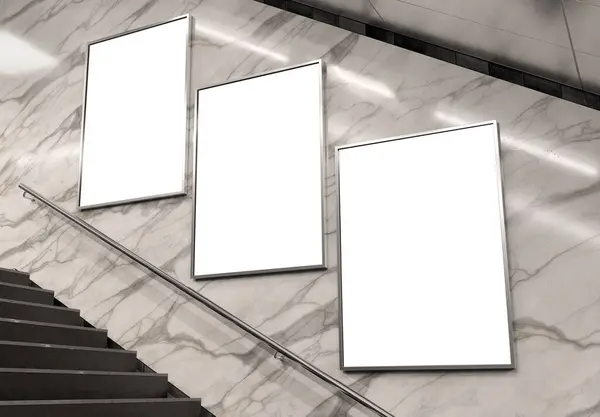 Три Вертикальні Щити Підземній Стіні Метро Mockup Рекламний Триптих Залізничній Стокове Фото