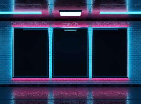 Trzy Futurystyczne Pionowe Makiety Billboardowe Światłami Neonowymi Cyberpunk Styl Ramki Zdjęcia Stockowe bez tantiem