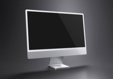 PARIS - Fransa - 15 Mart 2023: Yeni çıkan Apple Imac 24 inçlik masaüstü bilgisayarı, gümüş renk, ön görüntü - gri arkaplanda 3D ekran modeli