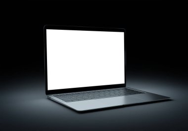 PARIS - Fransa - 15 Mart 2023: Apple Macbook Air, Silver color. Yan görüş. Koyu arkaplanda 3D dizüstü bilgisayar görüntüleme