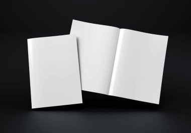 Dergi kapağı ve siyah arka planda açık dergi modeli. Boş broşür şürü. 3B görüntüleme