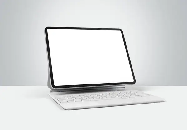 stock image PARIS - France - March 15, 2023: Apple Ipad Pro Silver color with the white magic keyboard, - Realistic 3d rendering, screen tablet mockup on white background