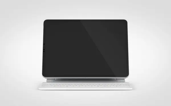 stock image PARIS - France - April 28, 2022: Apple Ipad Pro Silver color with the white magic keyboard, - Realistic 3d rendering, front screen tablet mockup on gray background