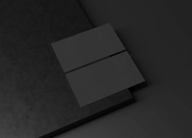 Sergide iki siyah kartvizit var. Boş kartvizit. 3B görüntüleme