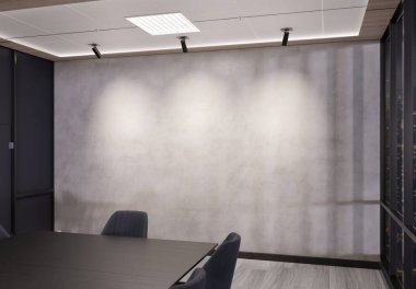 Geceleri modern ahşap mobilyalar ve spot ışıklarıyla boş beton ofis duvarları. 3B görüntüleme