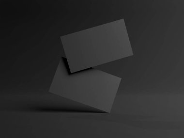 Siyah Mockup 'ta yüzen iki siyah kartvizit. Boş Amerikan kartviziti. 3B görüntüleme