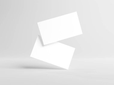 Beyaz Mockup 'ta yüzen iki kartvizit. Boş Amerikan kartviziti. 3B görüntüleme