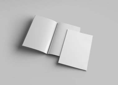 İzole edilmiş dergi kapağı ve açık dergi Mockup üzerine yumuşak gölgeli beyaz. 3B görüntüleme