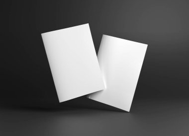 İki yüzen dergi siyah arka planda gölgeli Mockup 'ı kaplıyor. 3B görüntüleme