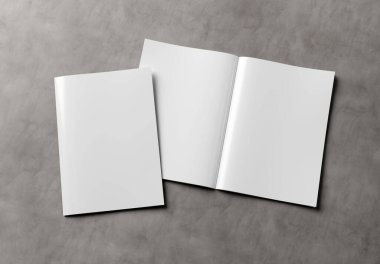 Dergi kapağı ve gri arka planda açık dergi modeli. Boş broşür şürü. 3B görüntüleme