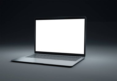 PARIS - Fransa - 15 Mart 2023: Apple Macbook Air, Silver color. Yan görüş. Koyu arkaplanda 3D dizüstü bilgisayar görüntüleme
