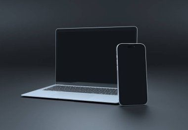 PARIS - Fransa - 10 Eylül 2024: Apple Macbook Air ve Iphone 15, gümüş renkli. 3d oluşturma