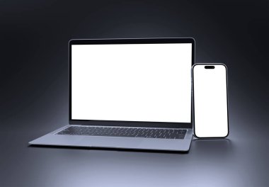 PARIS - Fransa - 27 Şubat 2024: Apple Macbook Air ve Iphone 15, Silver color. Yan görüş. Gri arkaplanda 3D dizüstü bilgisayar modellemesi