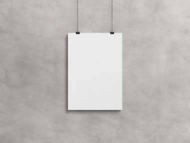 Beton bir duvarda klipslerle asılı boş dikey poster. 3B görüntüleme boşalt