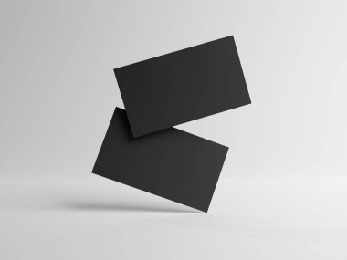 Beyaz Mockup 'ta yüzen iki siyah kartvizit. Boş Amerikan kartviziti. 3B görüntüleme