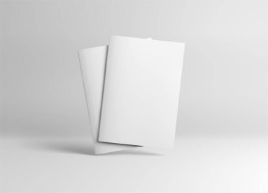 Beyaz arka planda gölgeli iki yüzen dergi kapağı. 3B görüntüleme