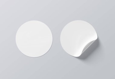 Blank sticker mockup with curled corner isolated on white background. Circular adhesive label with bent side. 3D rendering