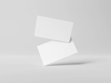 Beyaz Mockup 'ta yüzen iki kartvizit. Boş Amerikan kartviziti. 3B görüntüleme