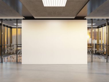 Boş duvar. Pencereli parlak ofiste model. Gün batımında boş şirket içi 3D görüntüleme