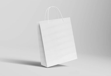 Beyaz Mockup 'ta boş bir alışveriş çantası. Saplı ve gölgeli kağıt torba. 3B görüntüleme