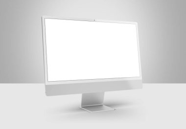 PARIS - Fransa - 15 Mart 2023: Yeni çıkan Apple Imac 24 inçlik masaüstü bilgisayarı, gümüş renk, ön görüntü - gri arkaplanda 3D ekran modeli