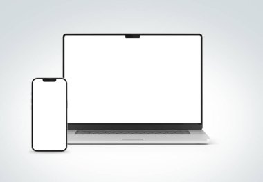 PARIS - Fransa - 15 Mart 2023: Apple Macbook Air ve Iphone 14, gümüş renkli. Yan görüş. Beyaz arkaplanda 3D dizüstü bilgisayar görüntüleme