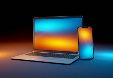 PARIS - Fransa - 15 Mart 2023: Apple Macbook Air ve Iphone 14, gümüş renkli. Yan görüş. Koyu arkaplanda 3D dizüstü bilgisayar görüntüleme