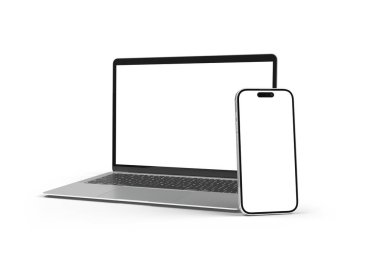 PARIS - Fransa - 10 Eylül 2024: Apple Macbook Air ve Iphone 15, gümüş renkli. 3d oluşturma