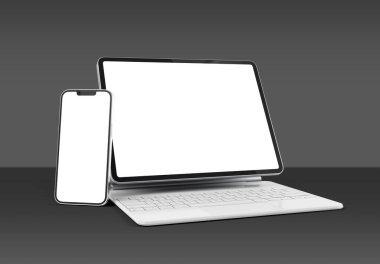 PARIS - Fransa - 15 Mart 2023: Beyaz sihirli klavyeli Apple Ipad Pro ve İphone 14 - Gri arka gruba gerçekçi 3D yorumlama