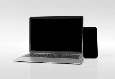 PARIS - Fransa - 27 Şubat 2024: Apple Macbook Air ve Iphone 15, Silver color. Yan görüş. Beyaz arkaplanda 3D dizüstü bilgisayar modellemesi
