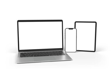 PARIS - Fransa - 1 Eylül 2023: Apple Macbook Air, Iphone 14, Ipad Pro, Silver color. Yan görüş. Beyaz arkaplanda 3D dizüstü bilgisayar görüntüleme