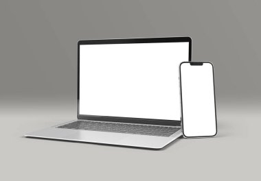 PARIS - Fransa - 15 Mart 2023: Apple Macbook Air ve Iphone 14, gümüş renkli. Yan görüş. Gri arkaplanda 3D dizüstü bilgisayar görüntüleme
