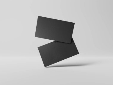 Beyaz Mockup 'ta yüzen iki siyah kartvizit. Boş Amerikan kartviziti. 3B görüntüleme