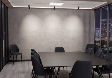 Geceleri modern ahşap mobilyalar ve spot ışıklarıyla boş beton ofis duvarları. 3B görüntüleme