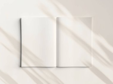 İzole edilmiş beyaz arka planda yumuşak gölgeli açık dergi Mockup. 3B görüntüleme