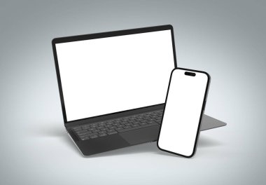 PARIS - Fransa - 20 Mart 2025: Apple Macbook Air ve Iphone 16, siyah renk. Yan görüş. 3D dizüstü bilgisayar modeli gri arkaplanda yüzüyor