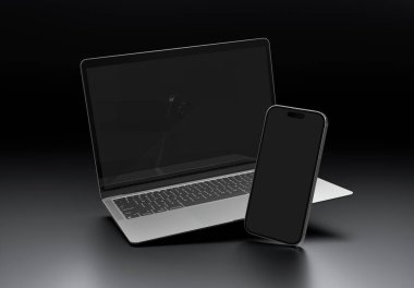 PARIS - Fransa - 20 Mart 2025: Apple Macbook Air ve Iphone 16, gümüş rengi. Yan görüş. Siyah arkaplanda 3D dizüstü bilgisayar modellemesi