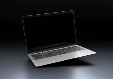 PARIS - Fransa - 20 Mart 2025: Apple Macbook Air gümüş rengi. Siyah arkaplanda 3D dizüstü bilgisayar modellemesi