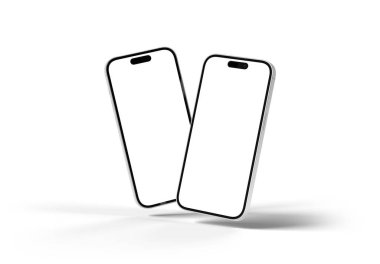 PARIS - Fransa - 20 Mart 2025 Apple akıllı telefonu, maksimum beyazlı 16 profesyonel telefon. Beyaz üzerinde yüzen iki cep telefonu modeli. 3d oluşturma