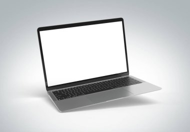 PARIS - Fransa - 20 Mart 2025: Apple Macbook Air gümüş rengi. 3D dizüstü bilgisayar modellemesi beyaz arkaplanda yüzüyor