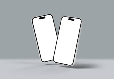 PARIS - Fransa - 20 Mart 2025 Apple akıllı telefonu, maksimum beyazlı 16 profesyonel telefon. Gri renkte yüzen iki cep telefonu modeli. 3d oluşturma