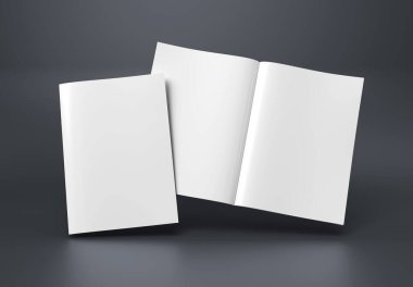 Dergi kapağı ve gri arka planda açık dergi modeli. Boş broşür şürü. 3B görüntüleme