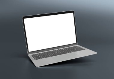 PARIS - Fransa - 20 Mart 2025: Apple Macbook Air gümüş rengi. 3D dizüstü bilgisayar modeli gri arkaplanda yüzüyor